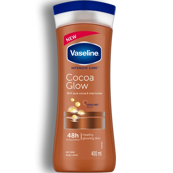 لوسیون بدن وازلین کاکائو اصل قهوه ای مناسب پوست خشک آبرسان 48ساعته 400 میل | Vaseline Cocoa Healthy glowing skin Body Lotion Dry skin 400ml